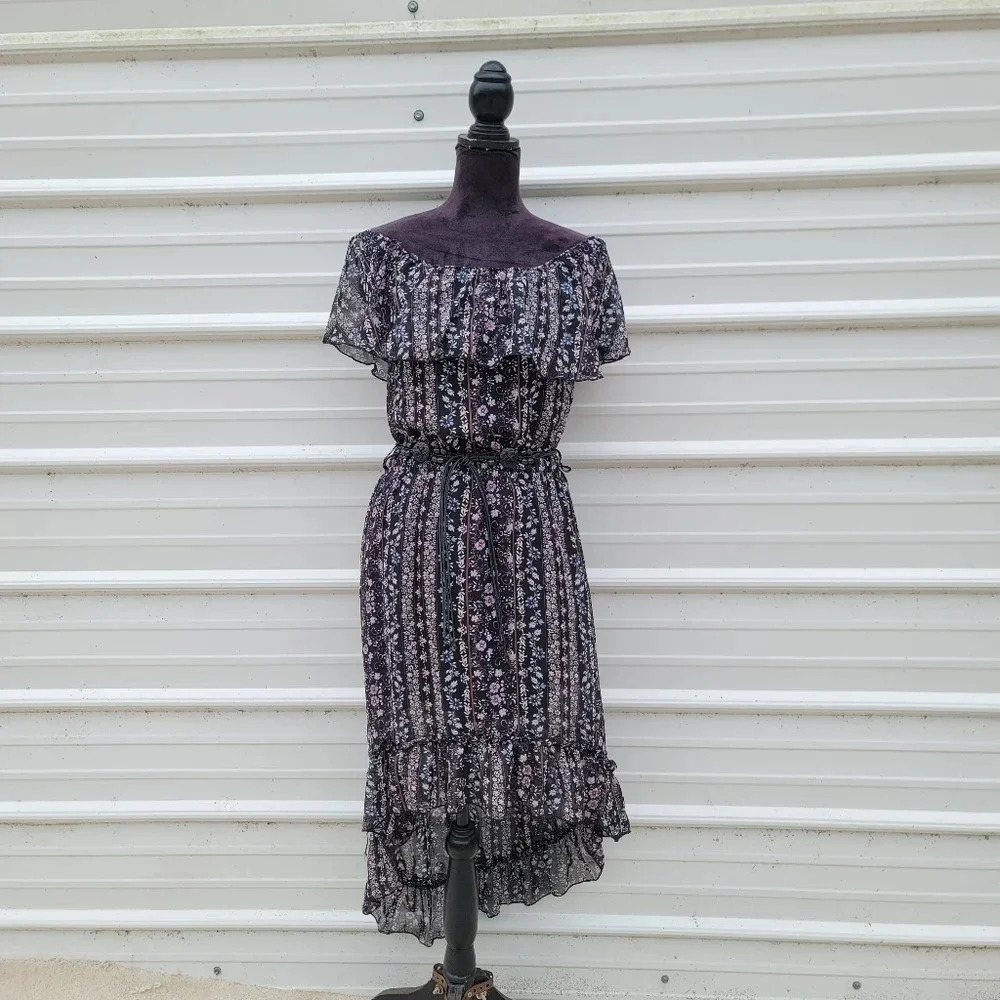 M.Fasis Womens Black Floral Print Off The Shoulder Long Maxi Dress Belted S